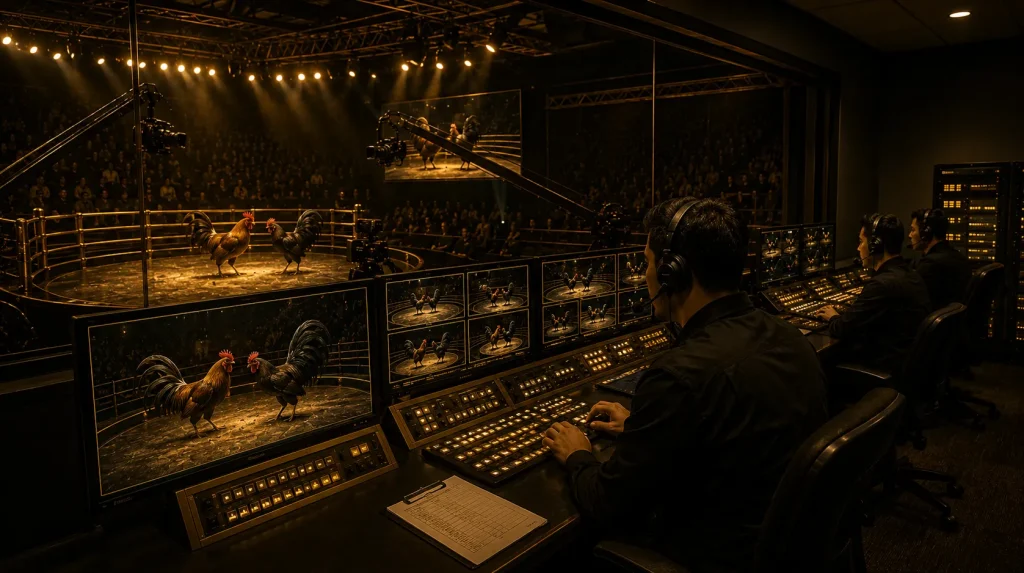 Control room overlooking dramatic arena setting