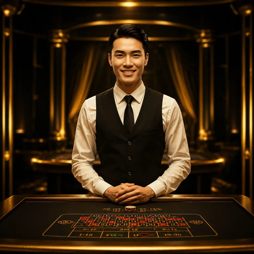 Elegant casino dealer at work