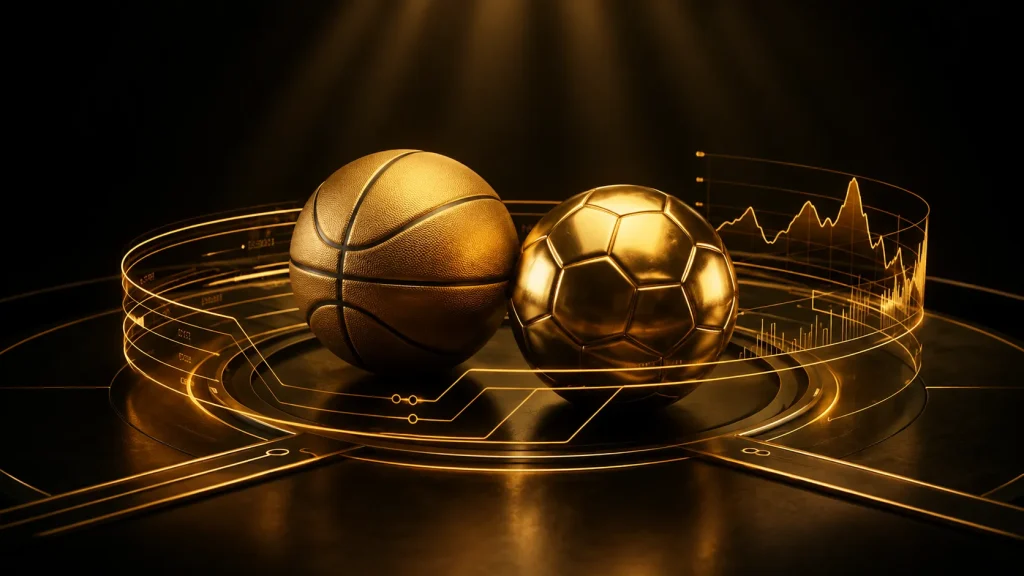 Futuristic sports trophies with data backdrop