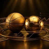 Futuristic sports trophies with data backdrop