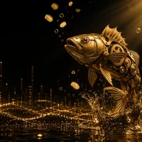 Steampunk fish jump in golden rain