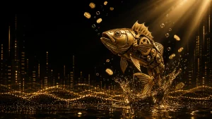 Steampunk fish jump in golden rain